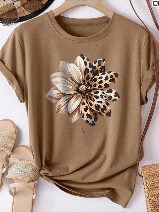 SHEIN Tops - SHEIN Brown Floral Leopard Graphic Short Sleeve Tee